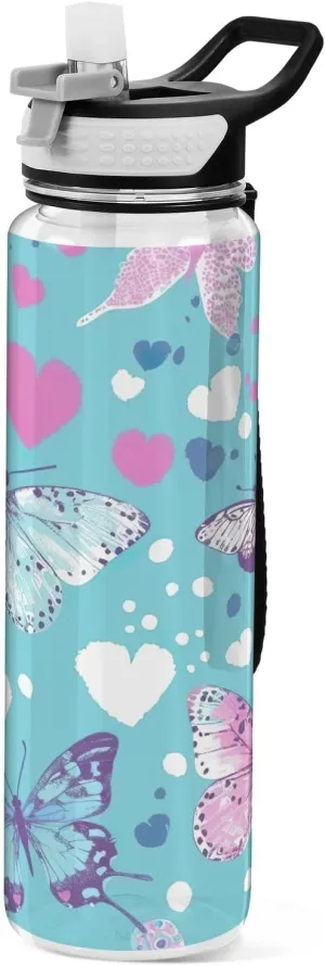 Kigai Transparent Sports Water Bottle 32oz, Butterflies Leakproof Wide Mouth Water Bottle with Straw, BPA Free Water Jug with Detachable Strap & Handle for Fitness Gym Outdoor