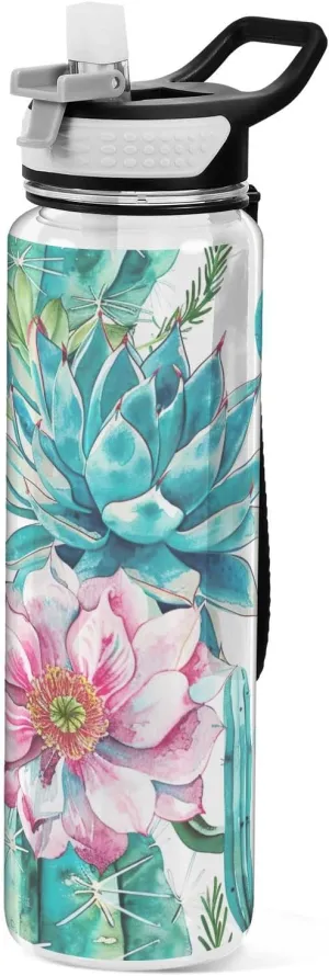 Kigai Transparent Sports Water Bottle 32oz, Cacti Succulents Leakproof Wide Mouth Water Bottle with Straw, BPA Free Water Jug with Detachable Strap & Handle for Fitness Gym Outdoor