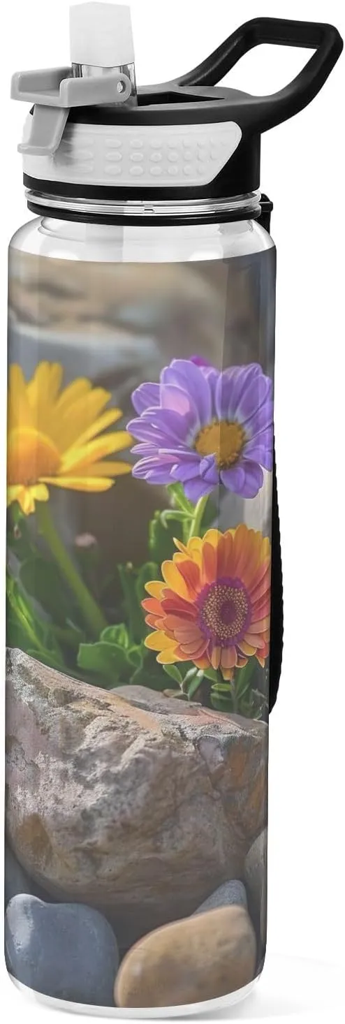 Kigai Transparent Sports Water Bottle 32oz, Flower in Stone Leakproof Wide Mouth Water Bottle with Straw, BPA Free Water Jug with Detachable Strap & Handle for Fitness Gym Outdoor