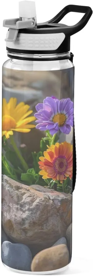 Kigai Transparent Sports Water Bottle 32oz, Flower in Stone Leakproof Wide Mouth Water Bottle with Straw, BPA Free Water Jug with Detachable Strap & Handle for Fitness Gym Outdoor