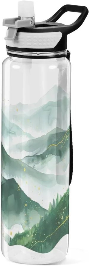Kigai Transparent Sports Water Bottle 32oz, Green Mountain Leakproof Wide Mouth Water Bottle with Straw, BPA Free Water Jug with Detachable Strap & Handle for Fitness Gym Outdoor