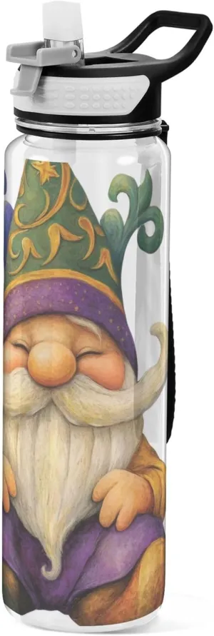Kigai Transparent Sports Water Bottle 32oz, Mardi Gras Gnome Leakproof Wide Mouth Water Bottle with Straw, BPA Free Water Jug with Detachable Strap & Handle for Fitness Gym Outdoor