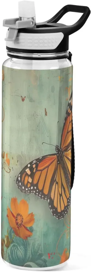 Kigai Transparent Sports Water Bottle 32oz, Retro Butterfly Leakproof Wide Mouth Water Bottle with Straw, BPA Free Water Jug with Detachable Strap & Handle for Fitness Gym Outdoor
