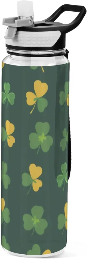 Kigai Transparent Sports Water Bottle 32oz, St. Patrick Clover Leakproof Wide Mouth Water Bottle with Straw, BPA Free Water Jug with Detachable Strap & Handle for Fitness Gym Outdoor
