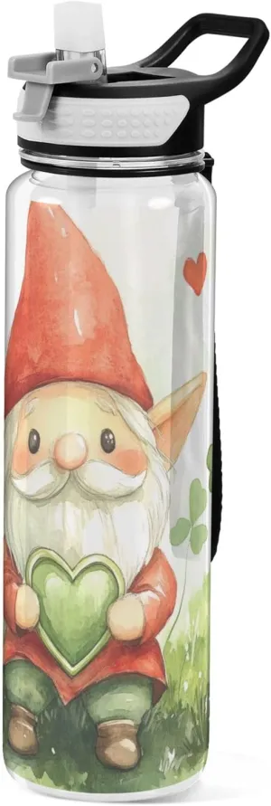 Kigai Transparent Sports Water Bottle 32oz, St. Patrick Gnomes Leakproof Wide Mouth Water Bottle with Straw, BPA Free Water Jug with Detachable Strap & Handle for Fitness Gym Outdoor