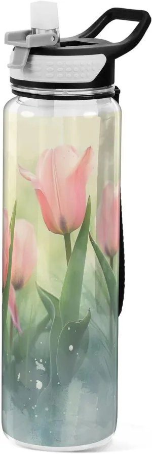 Kigai Transparent Sports Water Bottle 32oz, Tulip Flowers Leakproof Wide Mouth Water Bottle with Straw, BPA Free Water Jug with Detachable Strap & Handle for Fitness Gym Outdoor