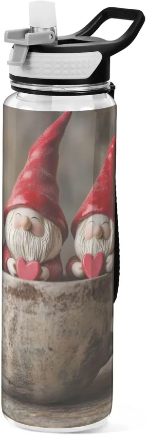 Kigai Transparent Sports Water Bottle 32oz, Valentine Gnomes in Cup Leakproof Wide Mouth Water Bottle with Straw, BPA Free Water Jug with Detachable Strap & Handle for Fitness Gym Outdoor