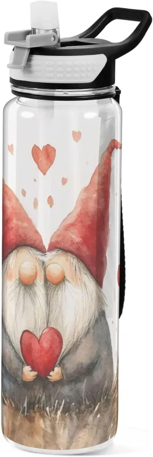Kigai Transparent Sports Water Bottle 32oz, Valentine Love Gnomes Leakproof Wide Mouth Water Bottle with Straw, BPA Free Water Jug with Detachable Strap & Handle for Fitness Gym Outdoor