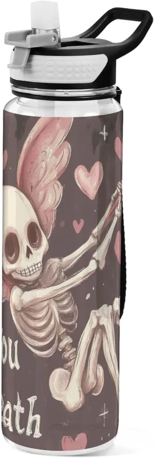 Kigai Transparent Sports Water Bottle 32oz, Valentine Skeleton Cupid Leakproof Wide Mouth Water Bottle with Straw, BPA Free Water Jug with Detachable Strap & Handle for Fitness Gym Outdoor