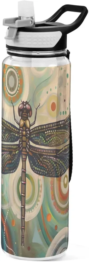 Kigai Transparent Sports Water Bottle 32oz, Vintage Dragonfly Leakproof Wide Mouth Water Bottle with Straw, BPA Free Water Jug with Detachable Strap & Handle for Fitness Gym Outdoor