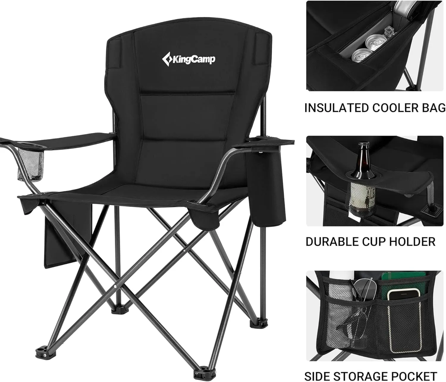 KingCamp Padded Folding Lounge Chairs with Built in Cupholder, Insulated Cooler Sleeve, and Side Storage Pocket for Indoor and Outdoors, 2 Pack, Black