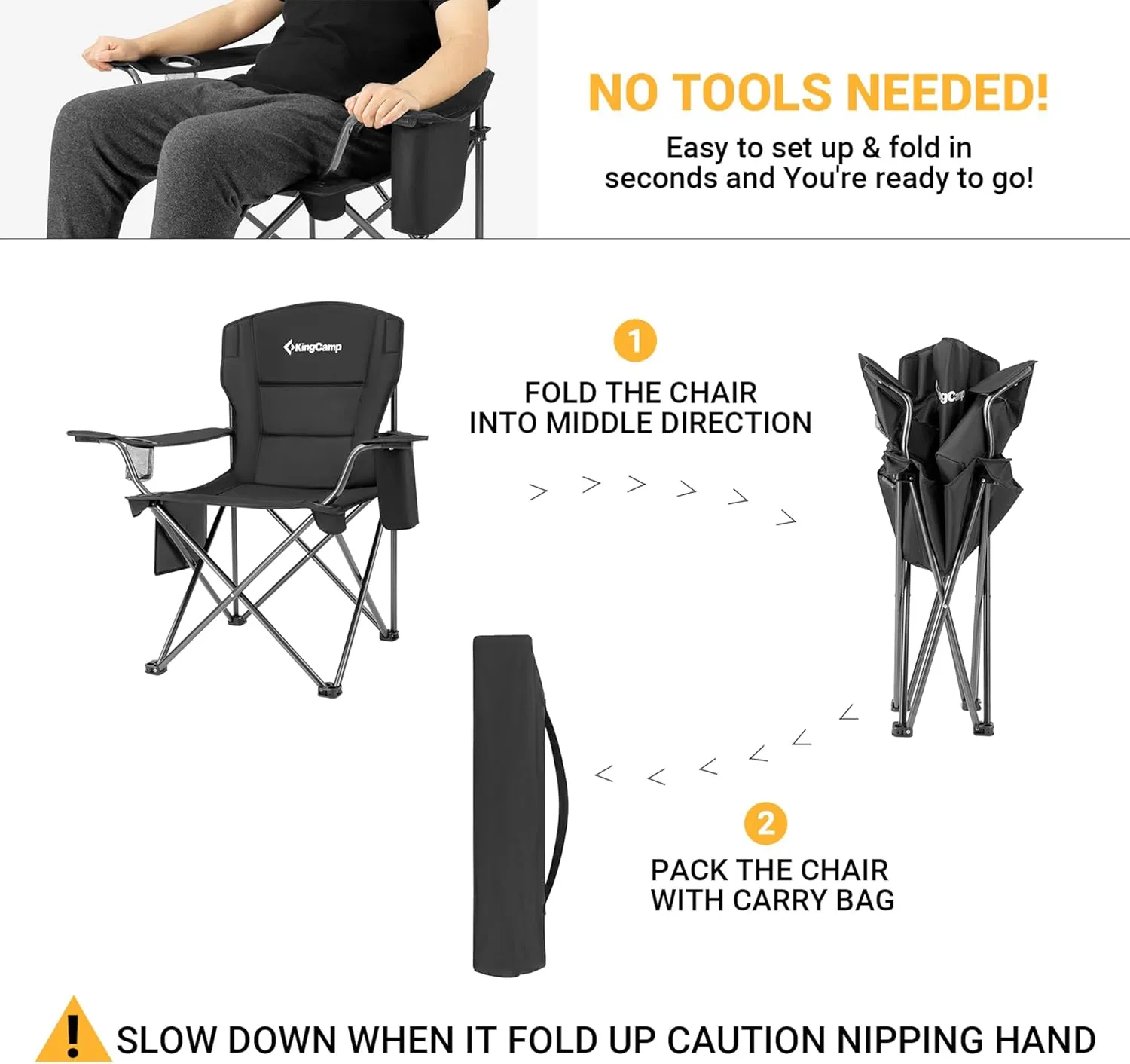 KingCamp Padded Folding Lounge Chairs with Built in Cupholder, Insulated Cooler Sleeve, and Side Storage Pocket for Indoor and Outdoors, 2 Pack, Black
