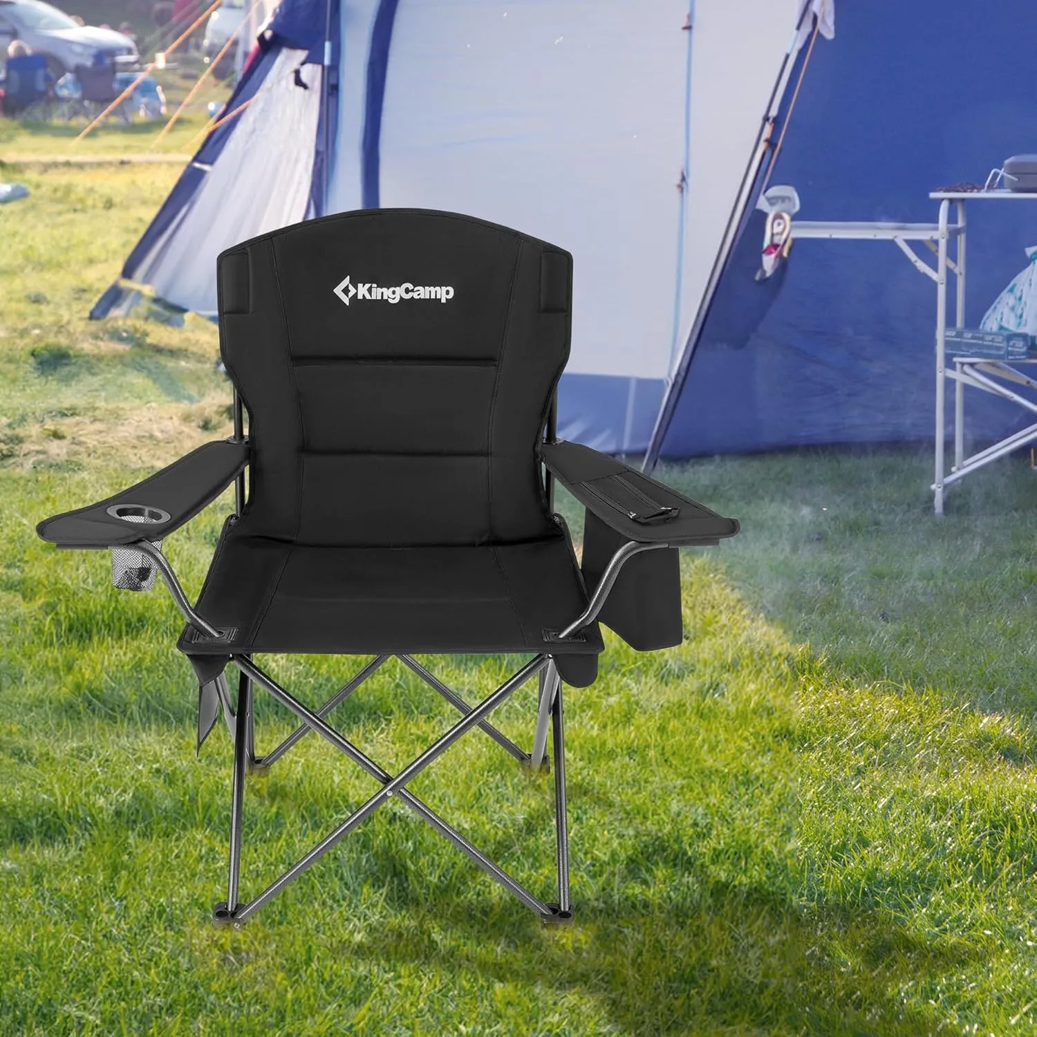 KingCamp Padded Folding Lounge Chairs with Built in Cupholder, Insulated Cooler Sleeve, and Side Storage Pocket for Indoor and Outdoors, 2 Pack, Black