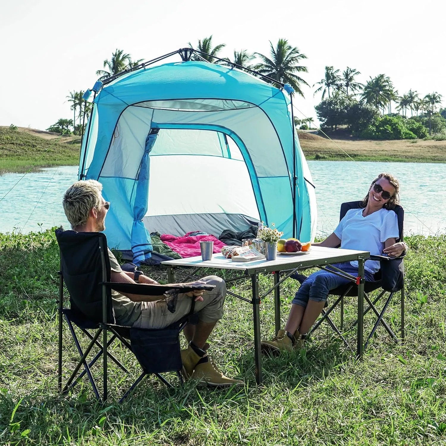 KingCamp Padded Folding Lounge Chairs with Built in Cupholder, Insulated Cooler Sleeve, and Side Storage Pocket for Indoor and Outdoors, 2 Pack, Black