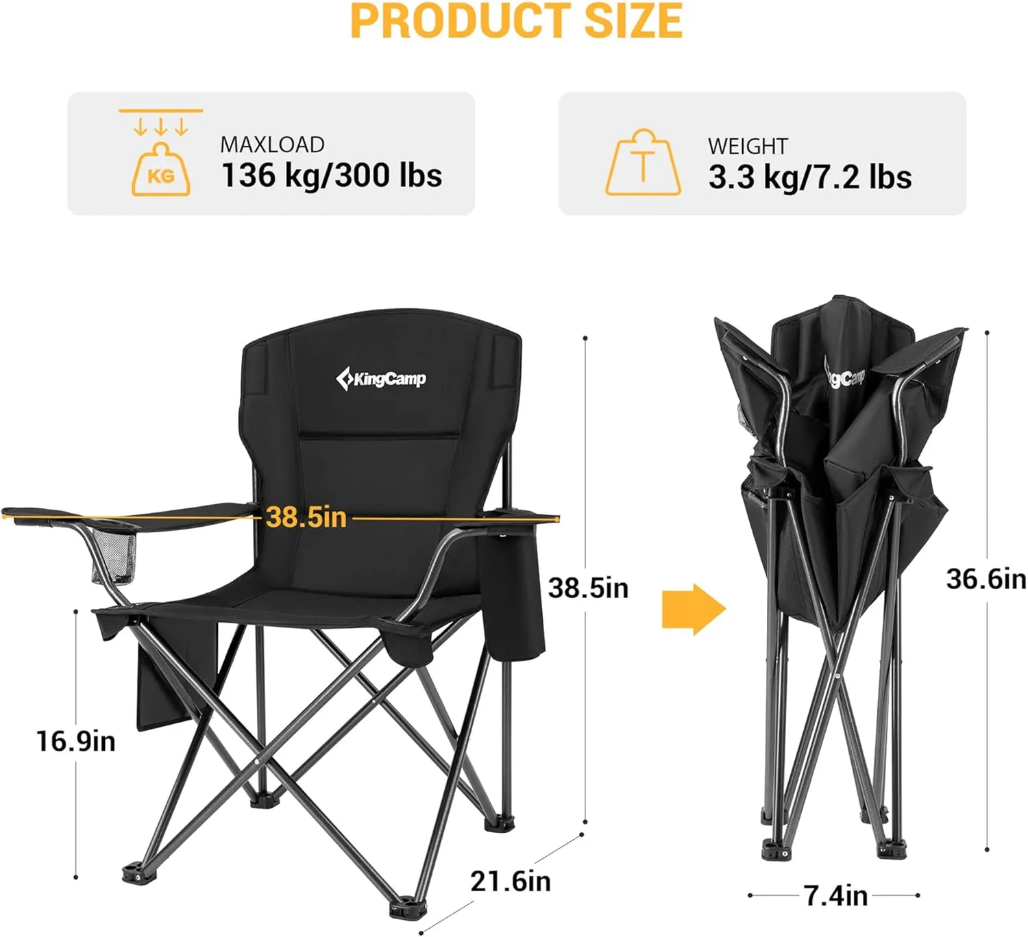KingCamp Padded Portable Outdoor Folding Lounge Chairs with Built In Cupholder, Insulated Cooler Sleeve, and Side Storage Pocket, Black