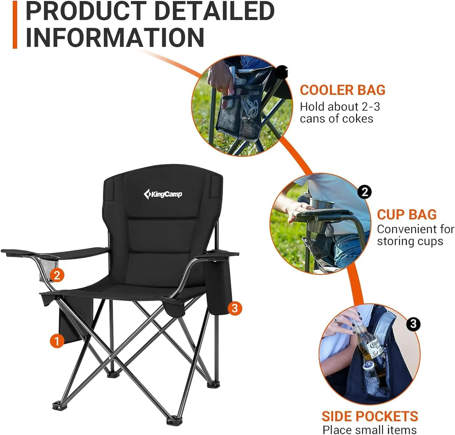 KingCamp Padded Portable Outdoor Folding Lounge Chairs with Built In Cupholder, Insulated Cooler Sleeve, and Side Storage Pocket, Black