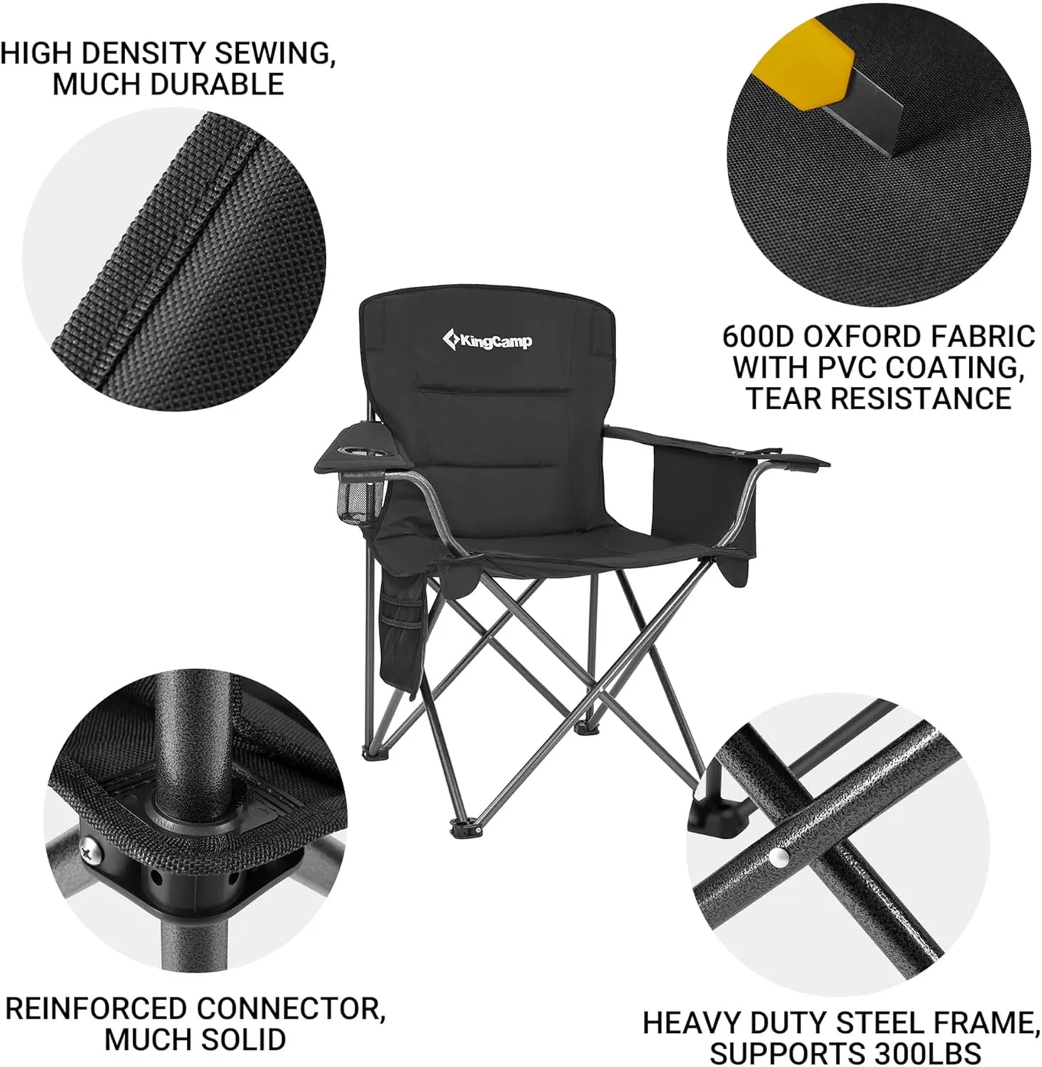 KingCamp Padded Portable Outdoor Folding Lounge Chairs with Built In Cupholder, Insulated Cooler Sleeve, and Side Storage Pocket, Black