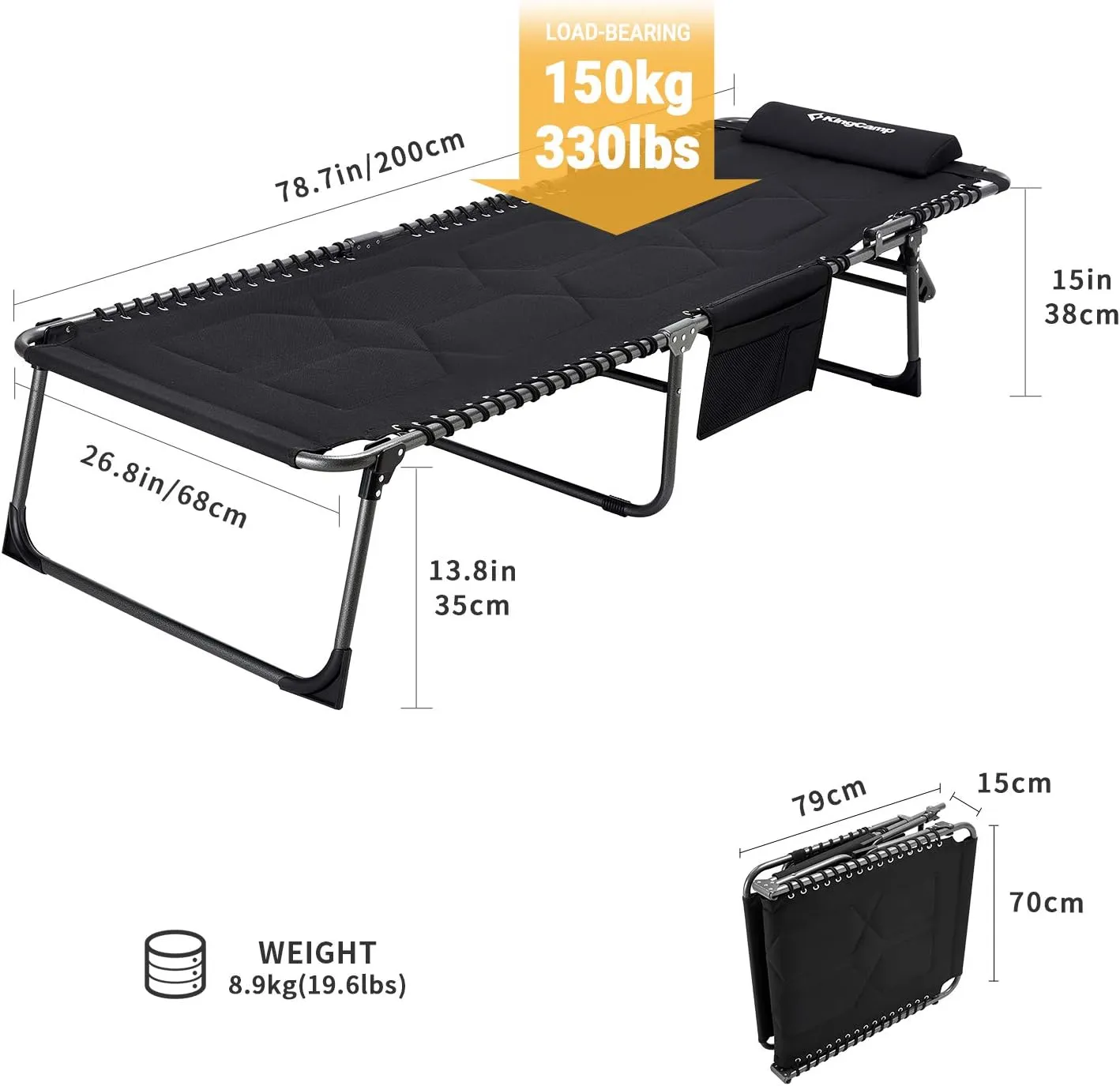 KingCamp Quilted Camping Cot Portable 4 Adjustable Folding Sleeping Reclining Lounger Chair w/Pillow for Travel Camp Use in Winter Support to 330lbs