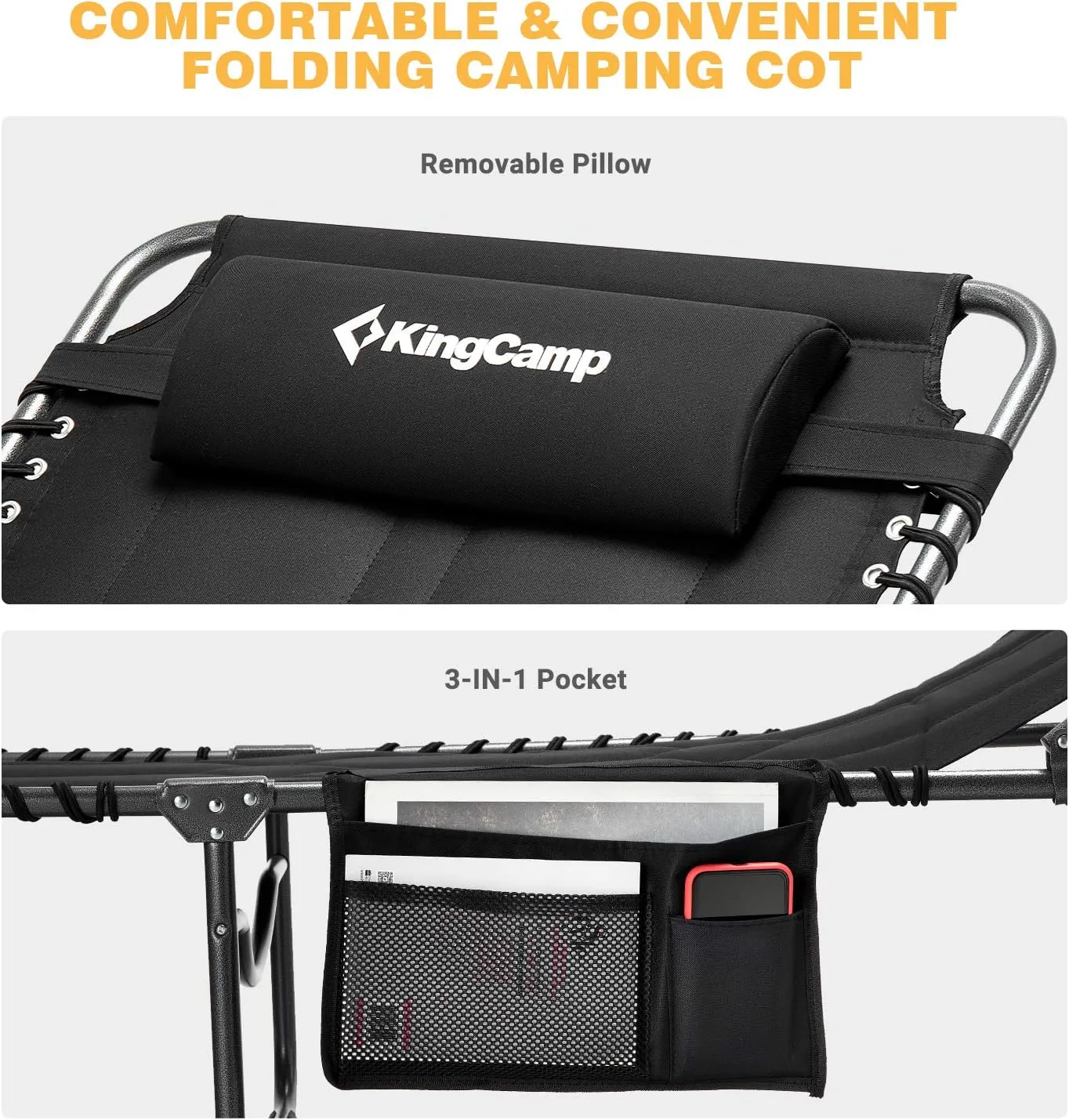 KingCamp Quilted Camping Cot Portable 4 Adjustable Folding Sleeping Reclining Lounger Chair w/Pillow for Travel Camp Use in Winter Support to 330lbs