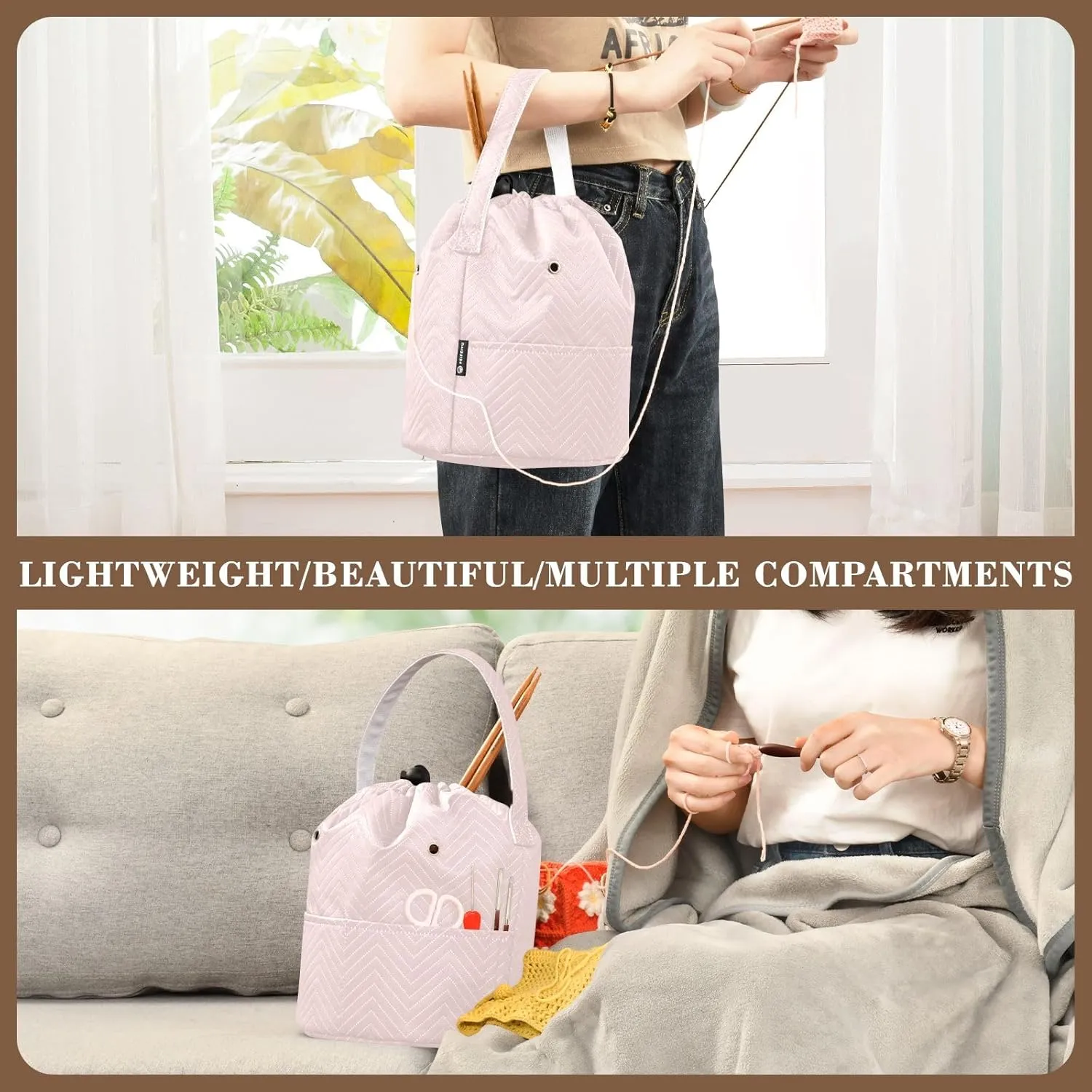 Knitting Needle Yarn Bag, Misty Rose Crochet Bag Organizer Knitting Bag Round Knitting Crochet Bag