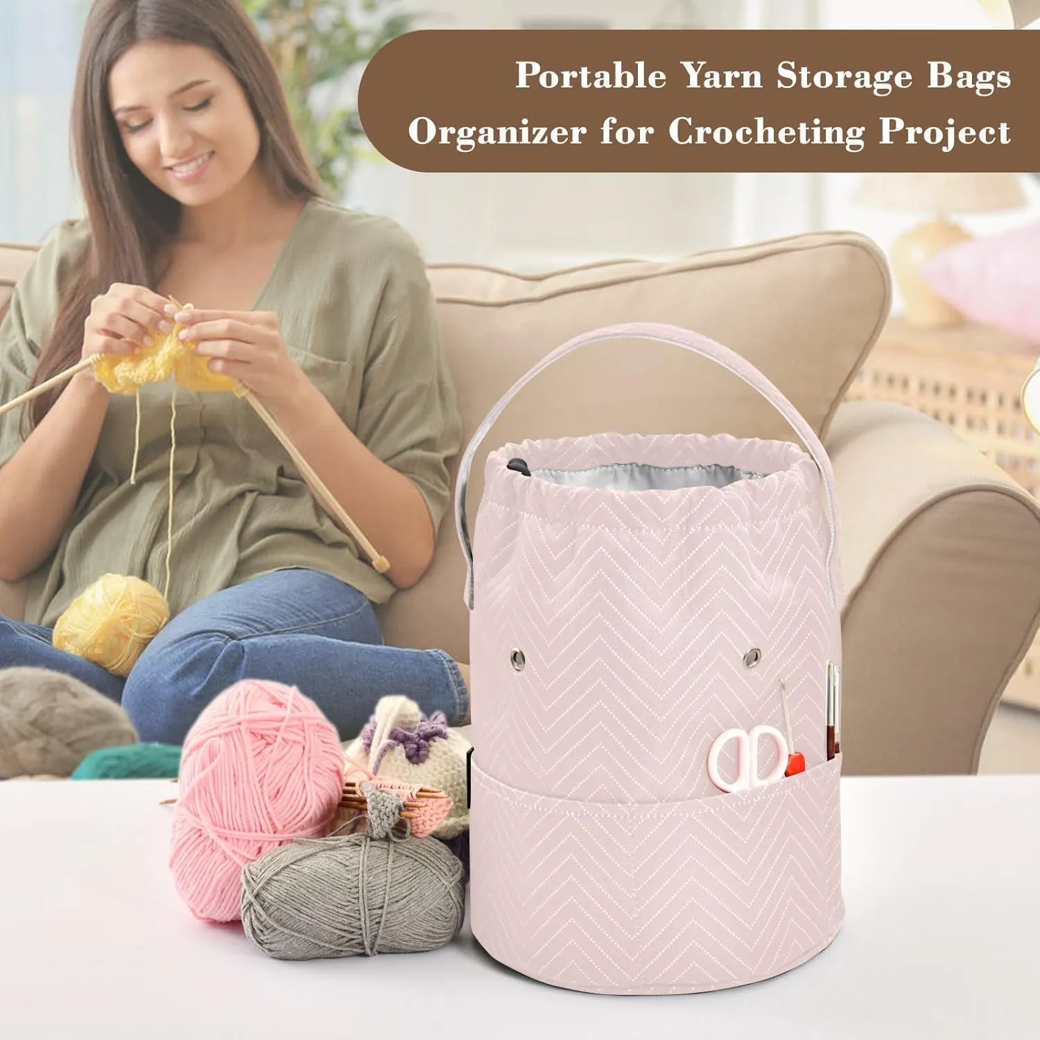 Knitting Needle Yarn Bag, Misty Rose Crochet Bag Organizer Knitting Bag Round Knitting Crochet Bag