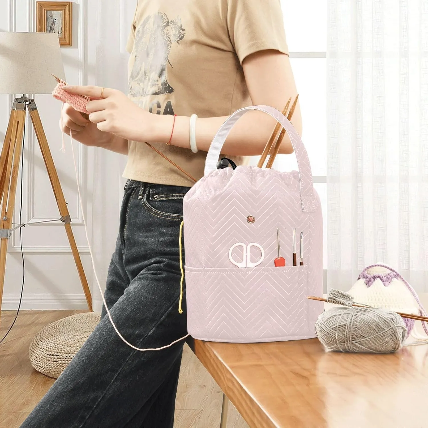 Knitting Needle Yarn Bag, Misty Rose Crochet Bag Organizer Knitting Bag Round Knitting Crochet Bag