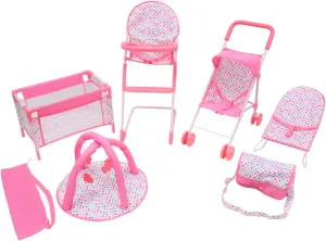 KOOKAMUNGA Kids 6 Pc Baby Doll Stroller Set - Baby Doll Accessories Playset w/Doll Crib Stroller High Chair & Feeding Tray - Playpen - Bouncer - Diaper Bag - Activity Mat - Ages 3  (Pink)