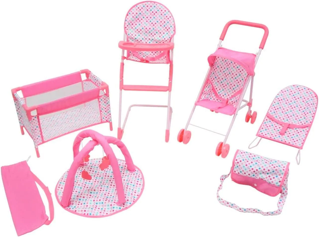 KOOKAMUNGA Kids 6 Pc Baby Doll Stroller Set - Baby Doll Accessories Playset w/Doll Crib Stroller High Chair & Feeding Tray - Playpen - Bouncer - Diaper Bag - Activity Mat - Ages 3  (Pink)