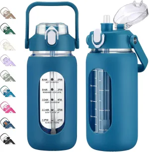 kytffu 42oz Glass Water Bottles with Straw, Motivational Glass Bottle with Silicone Sleeve and Time Marker, Leakproof Large Glass Water Jug for Gym Home Office,Iron Blue