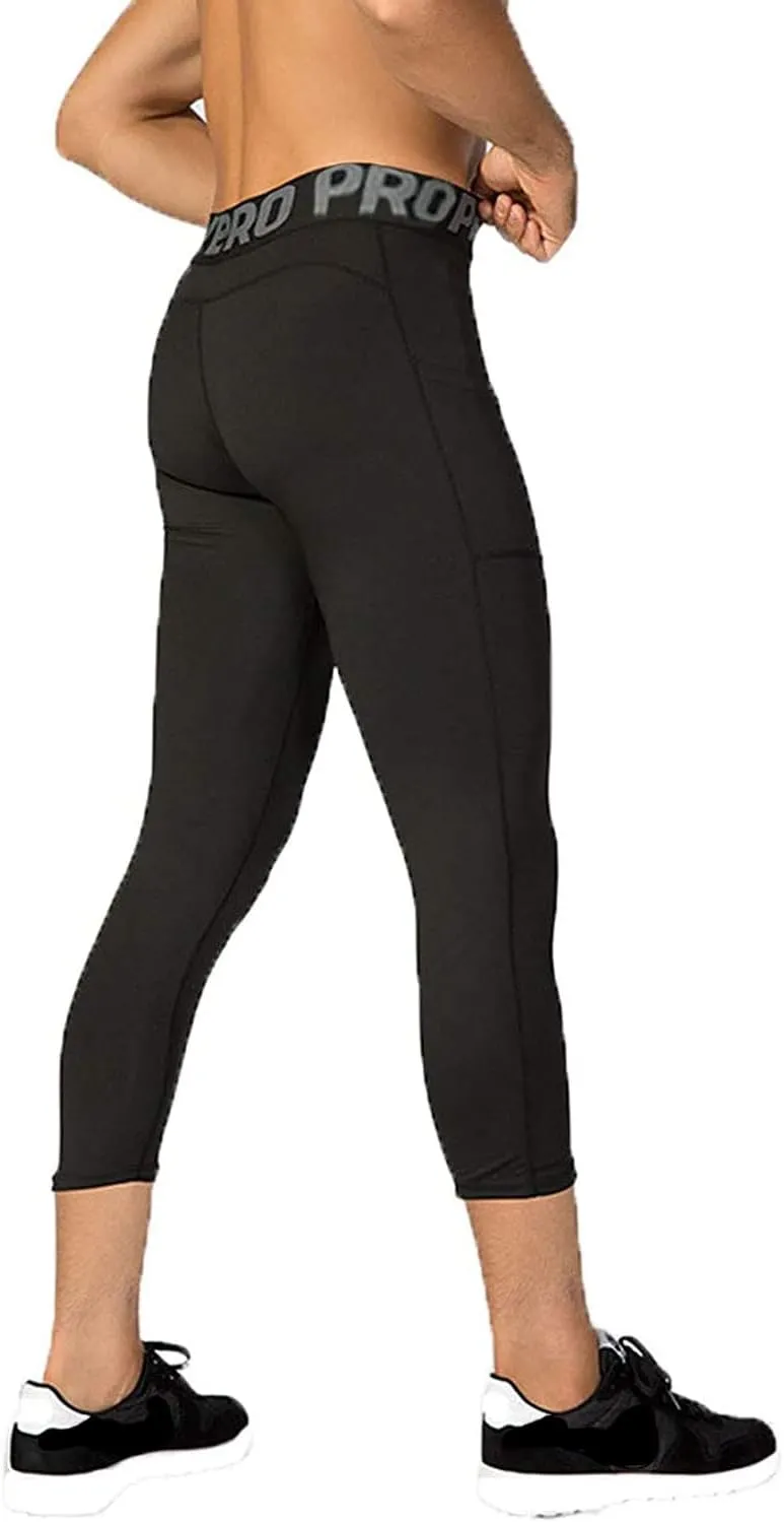 LANBAOSI Compression Pants for Men 3/4 Capri Leggings Quick Dry Workout Running Gym Tights Bottom 3 Pack with Pockets