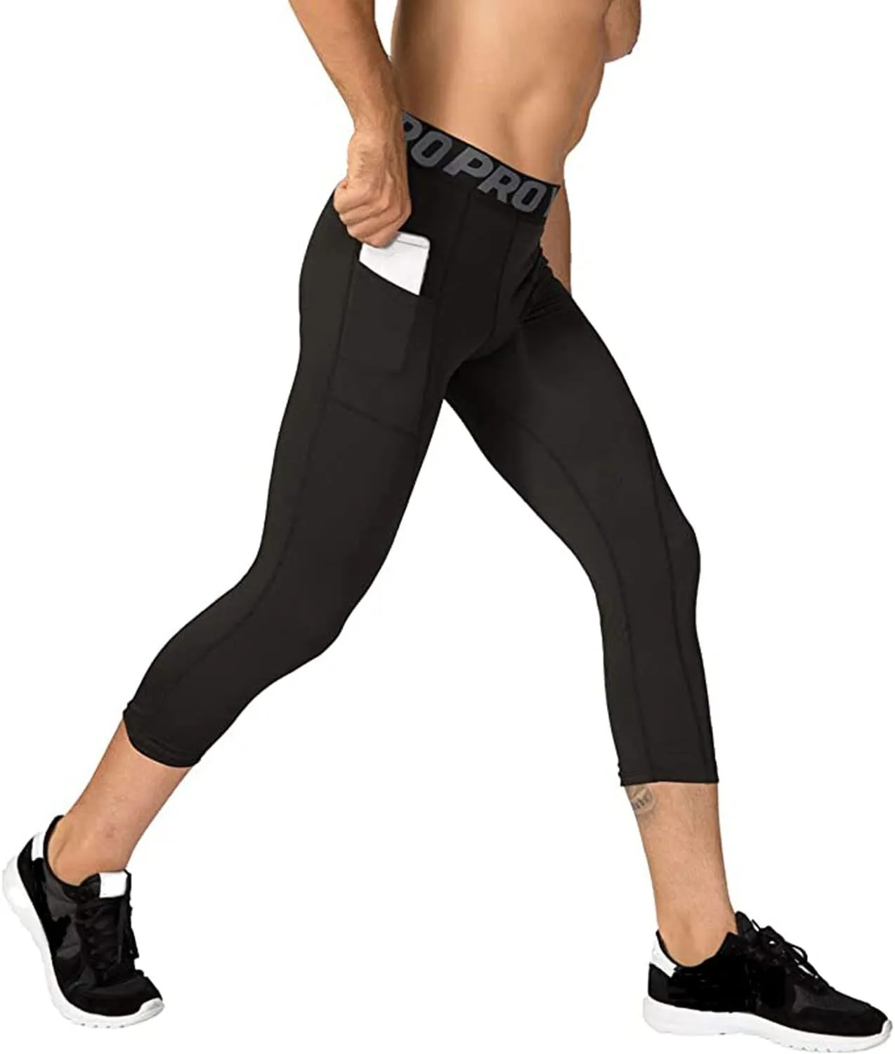 LANBAOSI Compression Pants for Men 3/4 Capri Leggings Quick Dry Workout Running Gym Tights Bottom 3 Pack with Pockets