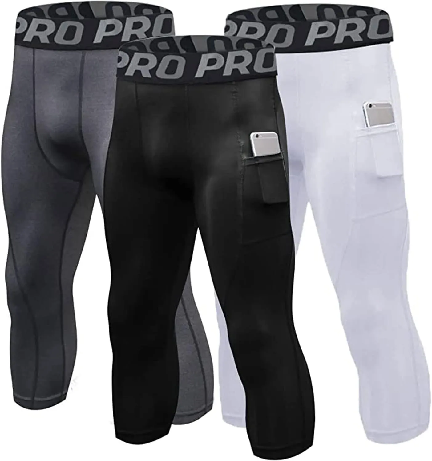 LANBAOSI Compression Pants for Men 3/4 Capri Leggings Quick Dry Workout Running Gym Tights Bottom 3 Pack with Pockets