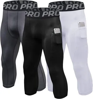 LANBAOSI Compression Pants for Men 3/4 Capri Leggings Quick Dry Workout Running Gym Tights Bottom 3 Pack with Pockets