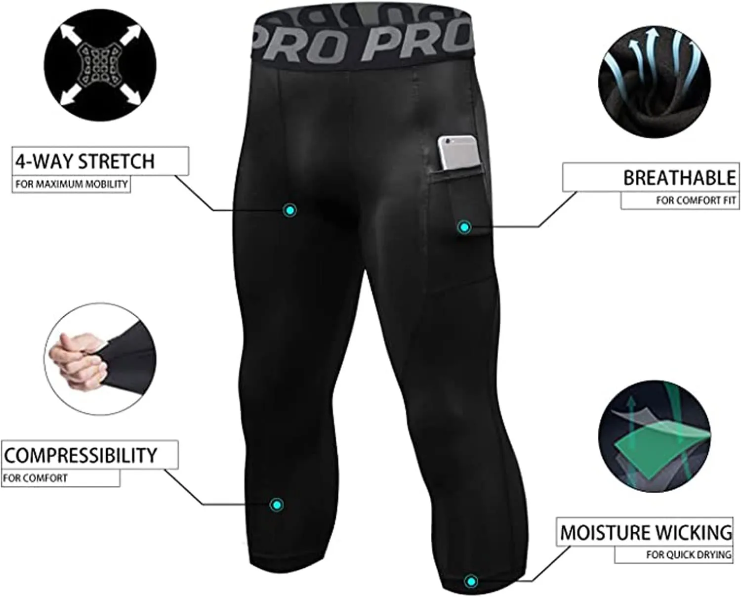 LANBAOSI Compression Pants for Men 3/4 Capri Leggings Quick Dry Workout Running Gym Tights Bottom 3 Pack with Pockets