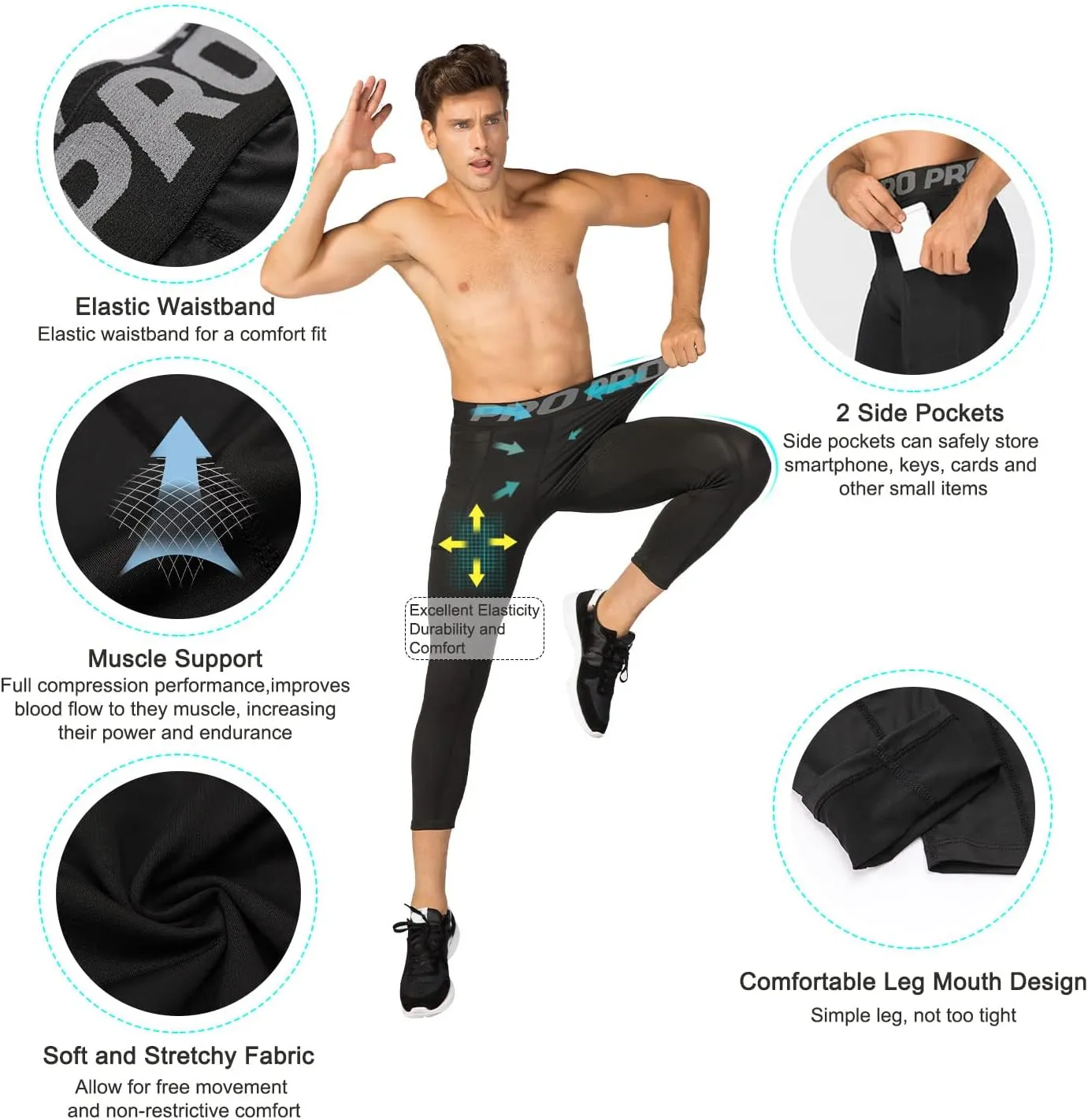 LANBAOSI Compression Pants for Men 3/4 Capri Leggings Quick Dry Workout Running Gym Tights Bottom 3 Pack with Pockets