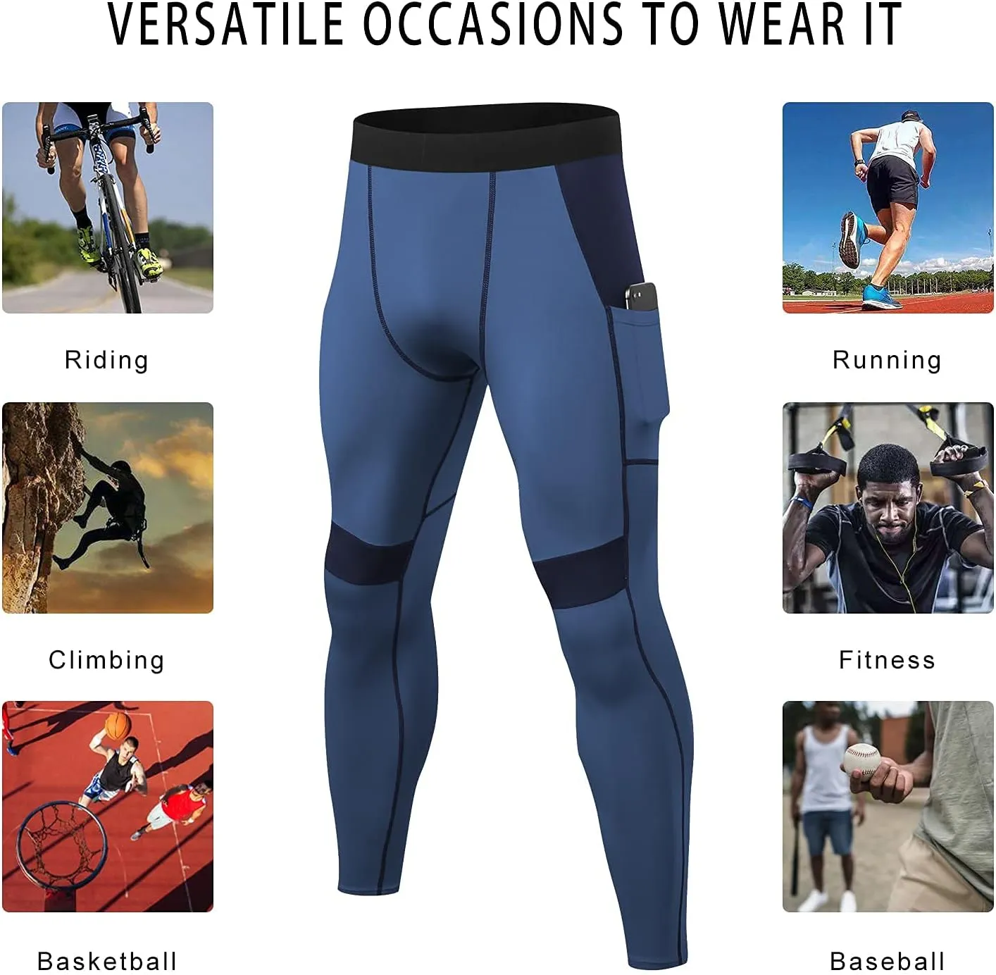 LANBAOSI Mens Compression Pants with Pockets Workout Leggings Running Tights Cool Dry Athletic Sports Gym Baselayer 2 Pack
