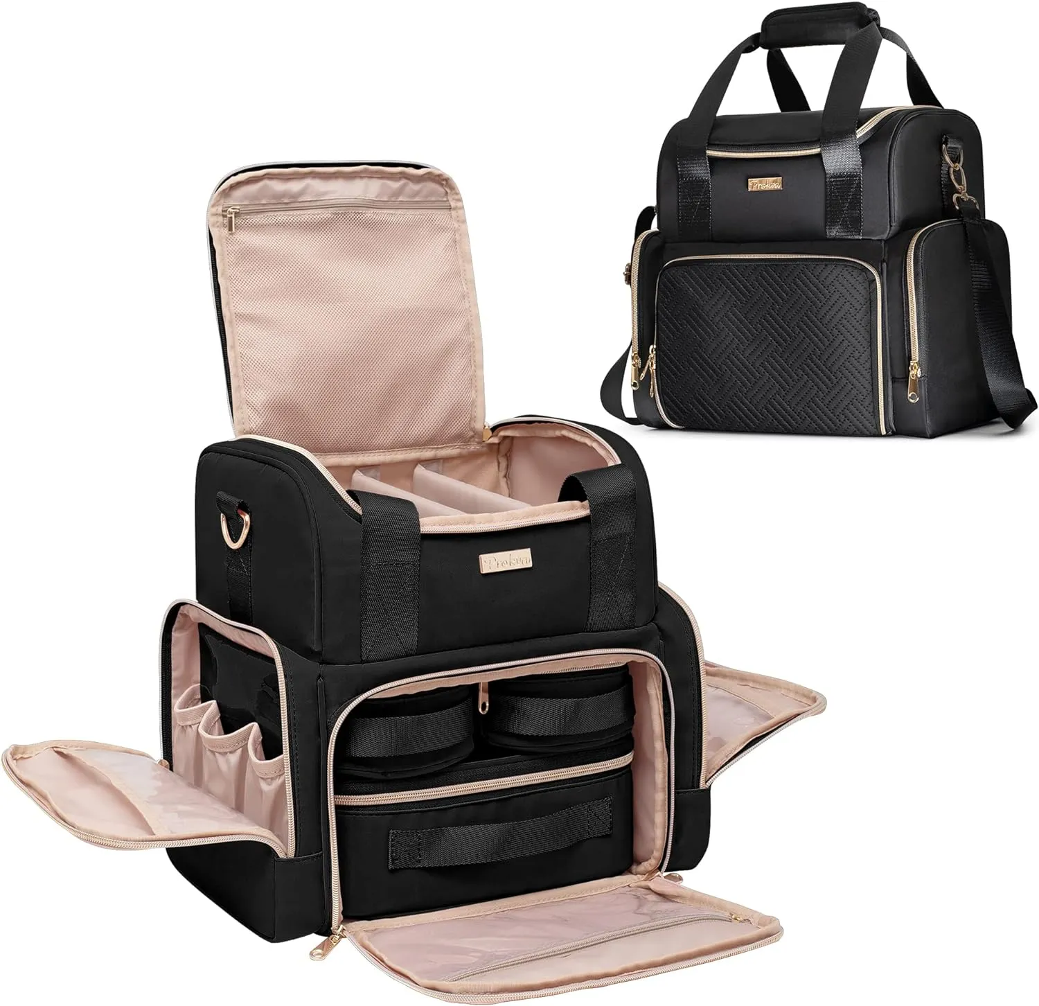 Large Cosmetic Bag with 3 Removable Case, Double Layer Travel Organizer with Inner Dividers and Makeup Brushes Storage Section, Black (Patented Design)
