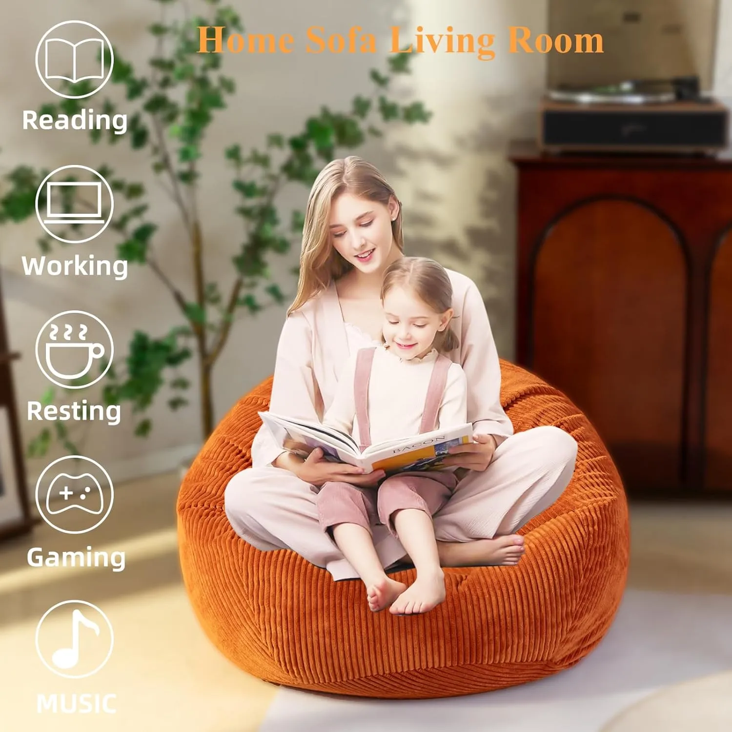 Large Stuffed Animal Storage Bean Bag Chair （No Filler）, 3 ft Giant Heavy Soft Corduroy Bean Bag Cover for Kids Teens & Adults，Round Fluffy Sofa for Home Living Room ，Green Chair