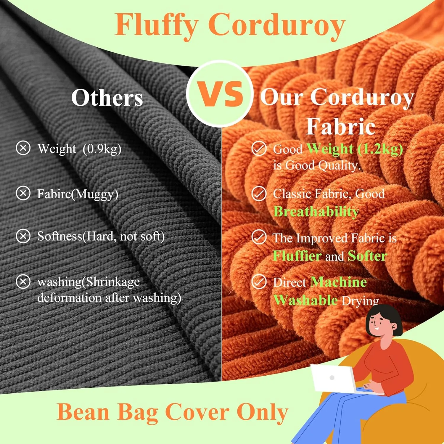 Large Stuffed Animal Storage Bean Bag Chair （No Filler）, 3 ft Giant Heavy Soft Corduroy Bean Bag Cover for Kids Teens & Adults，Round Fluffy Sofa for Home Living Room ，Green Chair