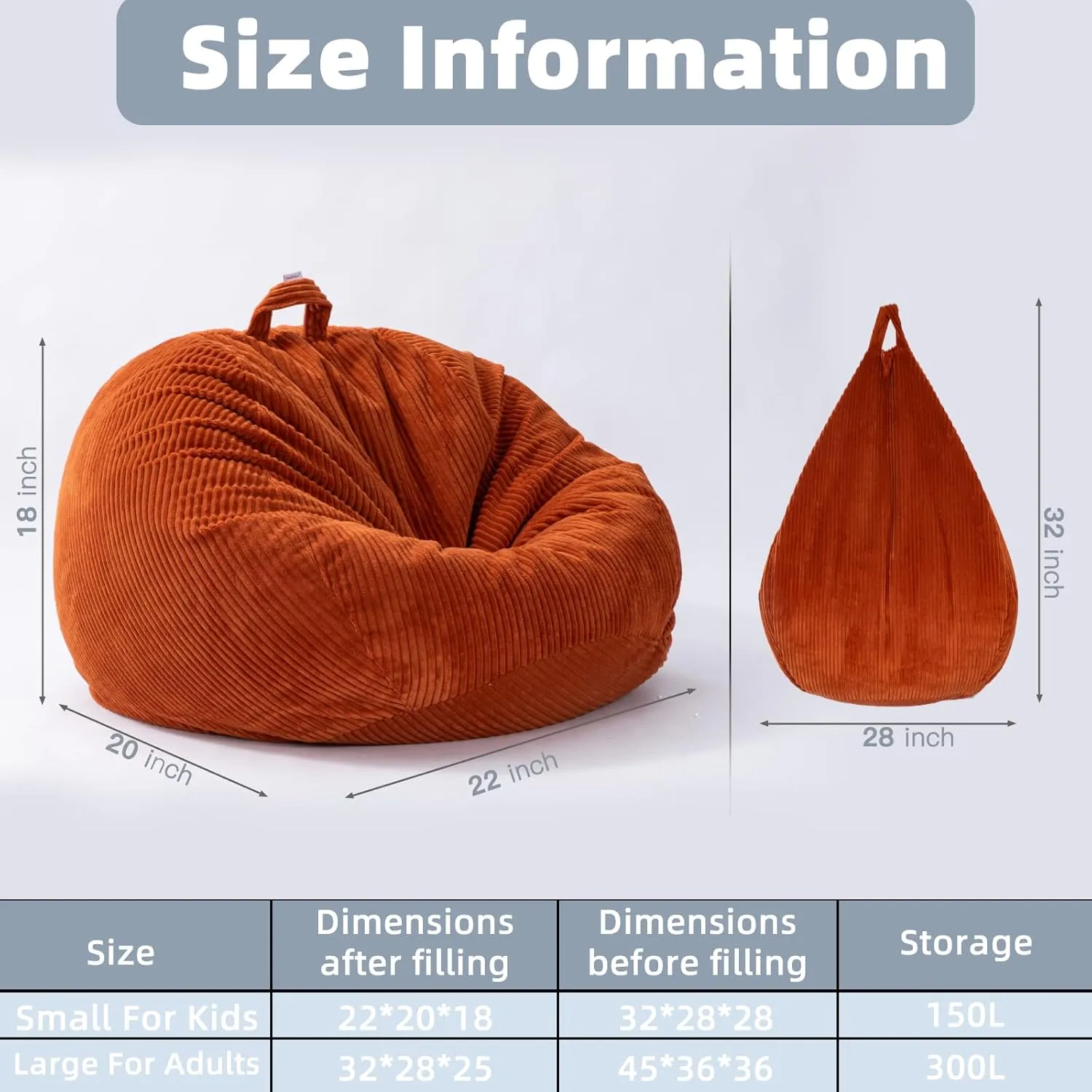 Large Stuffed Animal Storage Bean Bag Chair （No Filler）, 3 ft Giant Heavy Soft Corduroy Bean Bag Cover for Kids Teens & Adults，Round Fluffy Sofa for Home Living Room ，Green Chair