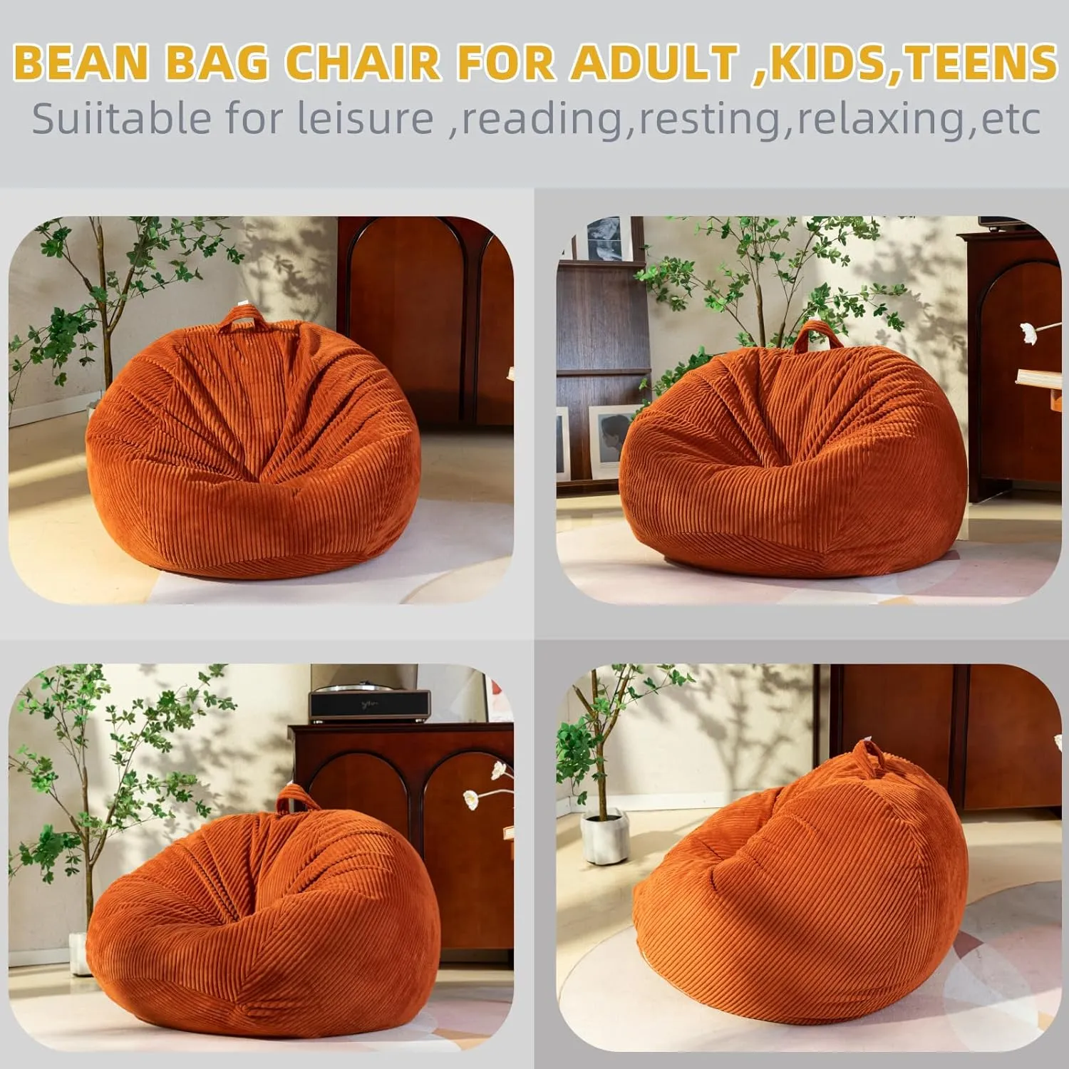 Large Stuffed Animal Storage Bean Bag Chair （No Filler）, 3 ft Giant Heavy Soft Corduroy Bean Bag Cover for Kids Teens & Adults，Round Fluffy Sofa for Home Living Room ，Green Chair