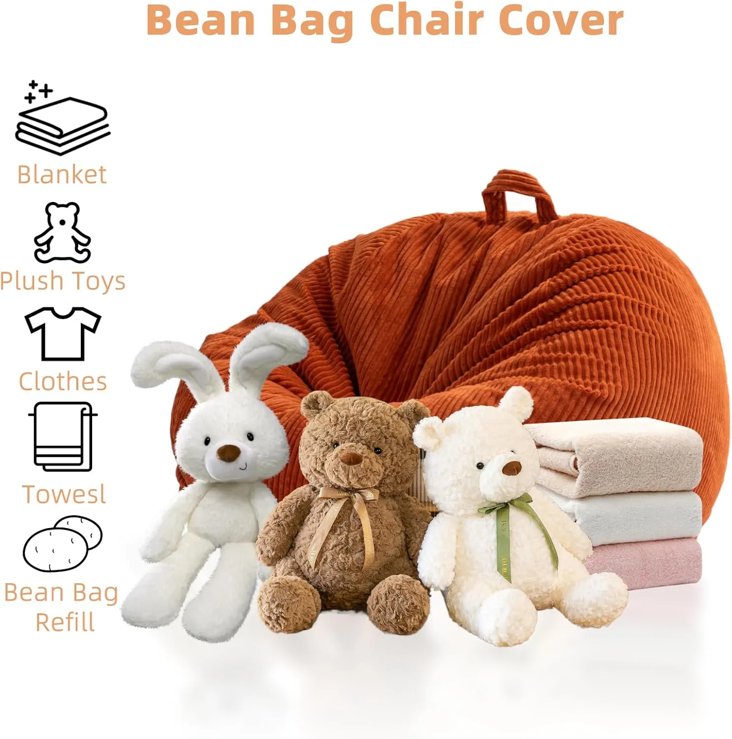 Large Stuffed Animal Storage Bean Bag Chair （No Filler）, 3 ft Giant Heavy Soft Corduroy Bean Bag Cover for Kids Teens & Adults，Round Fluffy Sofa for Home Living Room ，Green Chair