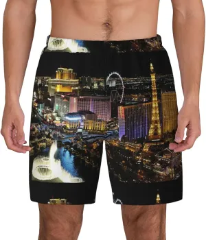 Las Vegas Night View Print Men'S Double-Layer Swimming Trunks - Hawaiian Beach Shorts with Elastic Waist