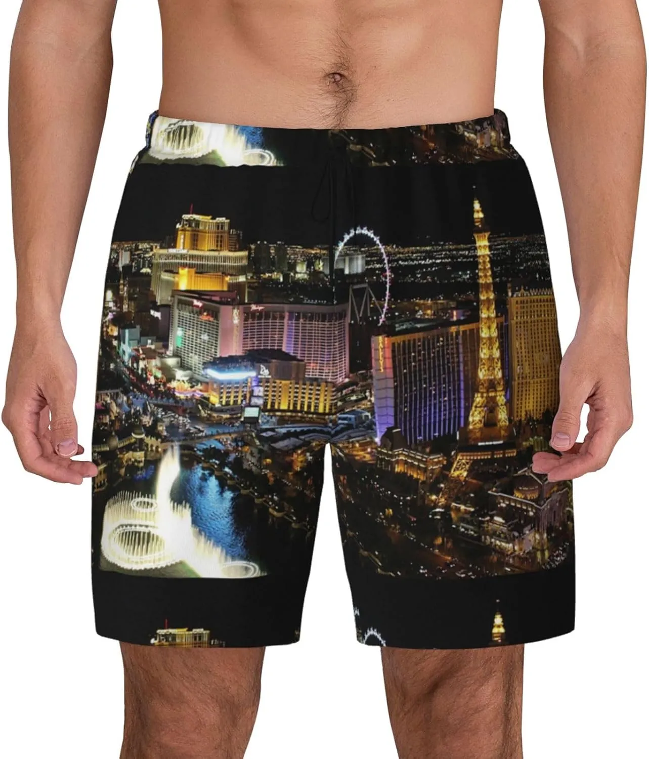 Las Vegas Night View Print Men'S Double-Layer Swimming Trunks - Hawaiian Beach Shorts with Elastic Waist