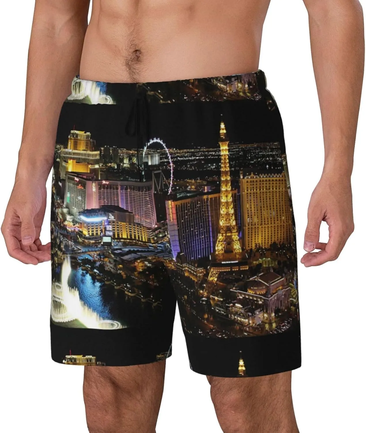 Las Vegas Night View Print Men'S Double-Layer Swimming Trunks - Hawaiian Beach Shorts with Elastic Waist