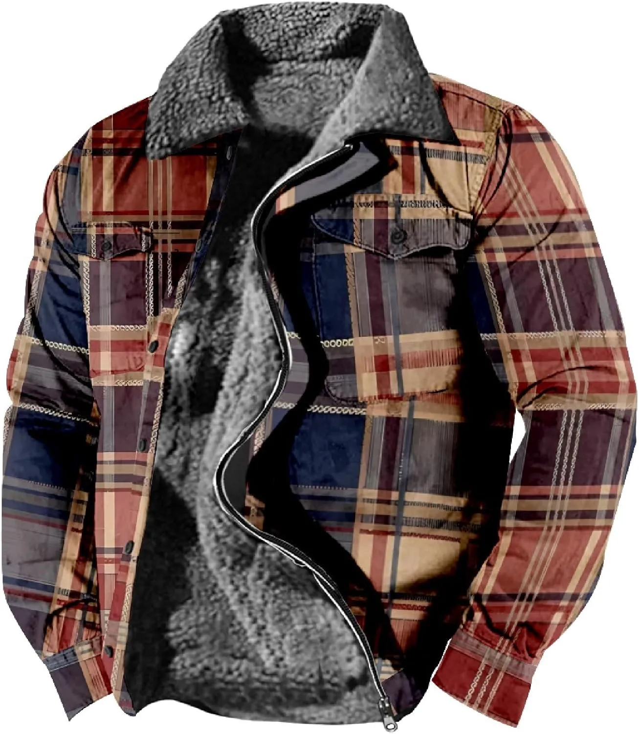 LCMTWX Mens Plaid Flannel Jacket Lapel Pocket Hooded Padded Loose Shirt Top Jacket Men Plus Size Big&Tall Mens Coat Soft