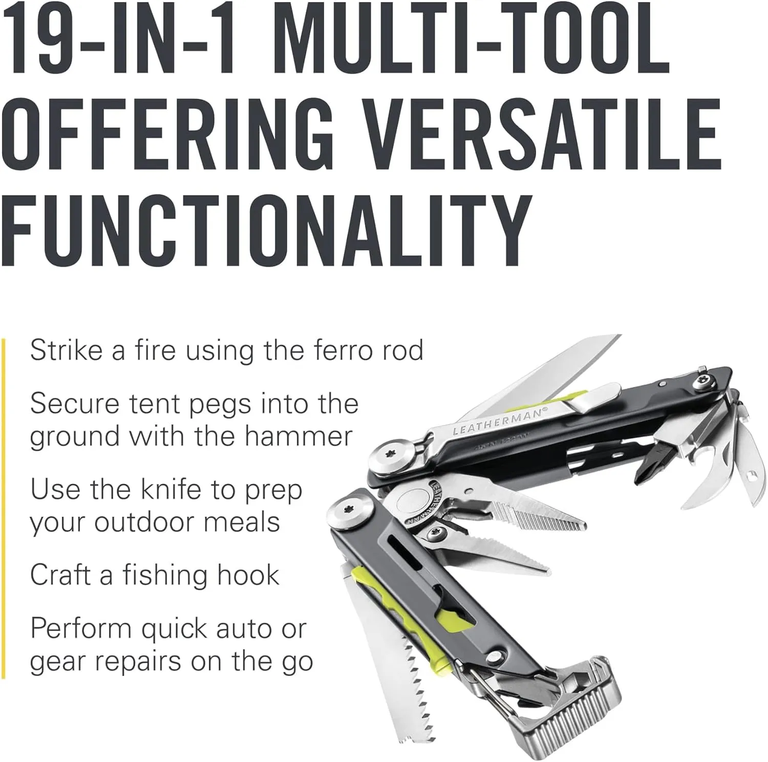 LEATHERMAN, Signal, 19-in-1 Multi-tool for Outdoors, Camping, Hiking, Fishing, Survival, Durable & Lightweight EDC, Made in the USA, Grey/Yellow