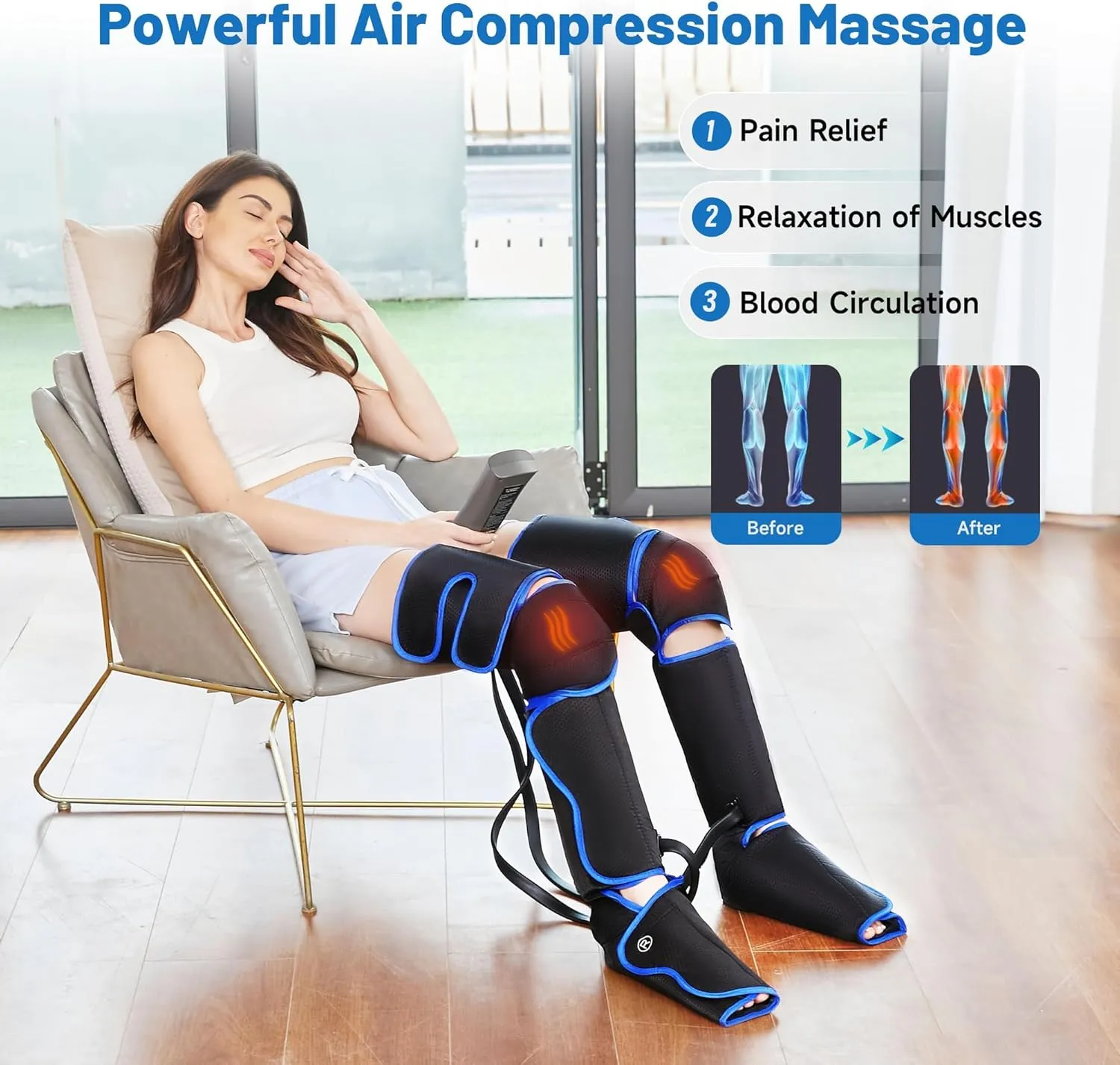 Leg Massager with 2 Extender, Knee Heat Air Compression Massager, 6 Modes, 3 Intensities for Pain Relief