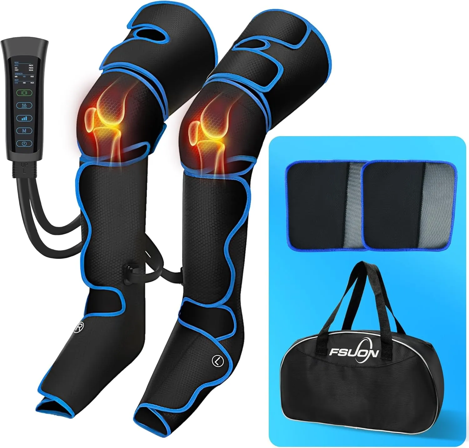 Leg Massager with 2 Extender, Knee Heat Air Compression Massager, 6 Modes, 3 Intensities for Pain Relief