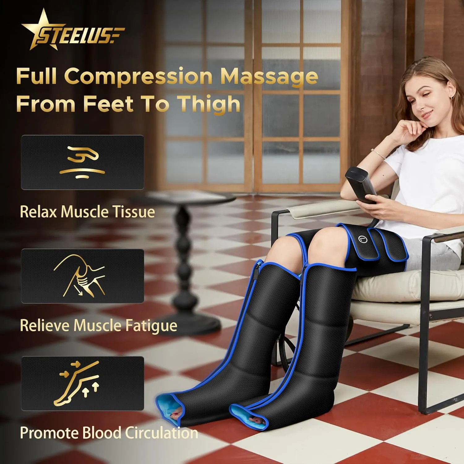 Leg Massager with Heat, Air Compression, 6 Modes & 3 Intensities for Foot, Calf & Thigh Muscles Relaxation